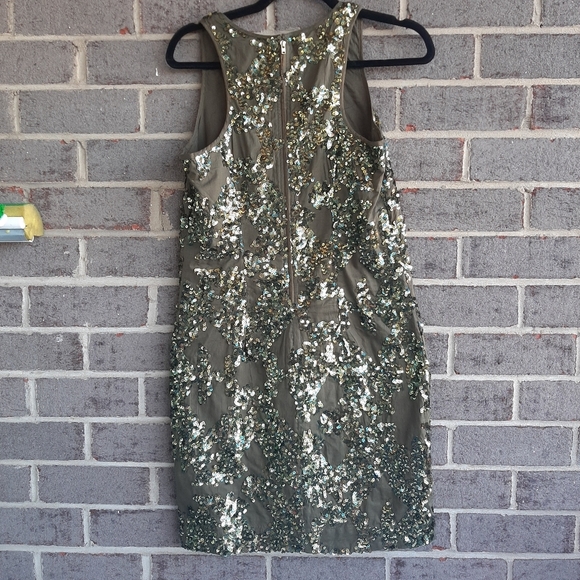 J.Crew Iridescent Sequin Shift Mini Dress Olive Green Size 00 100% Cotton - Picture 3 of 7